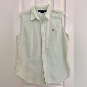Ralph Lauren Sport Shirt Women Sz 12 Green White Stripe Button Down Sleeveless